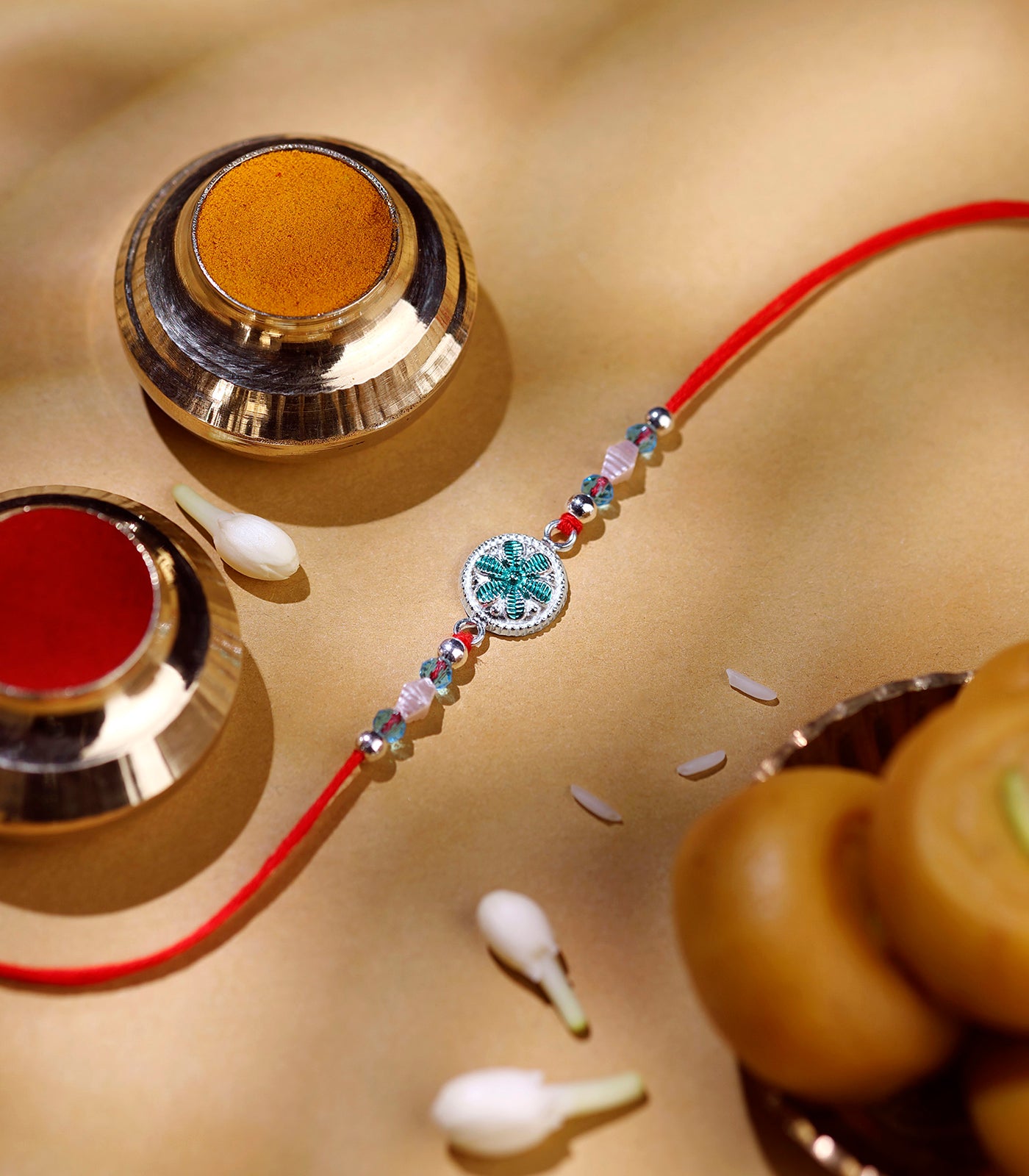 Teal Floral Silver Rakhi