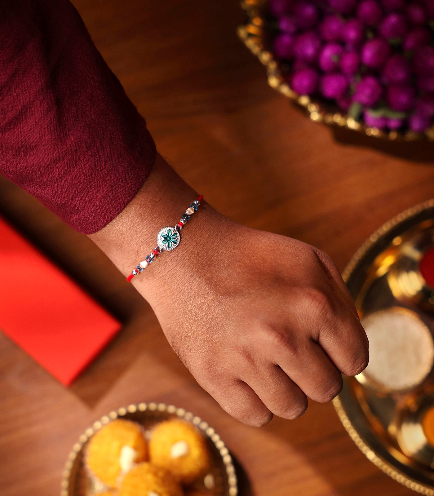 Teal Floral Silver Rakhi