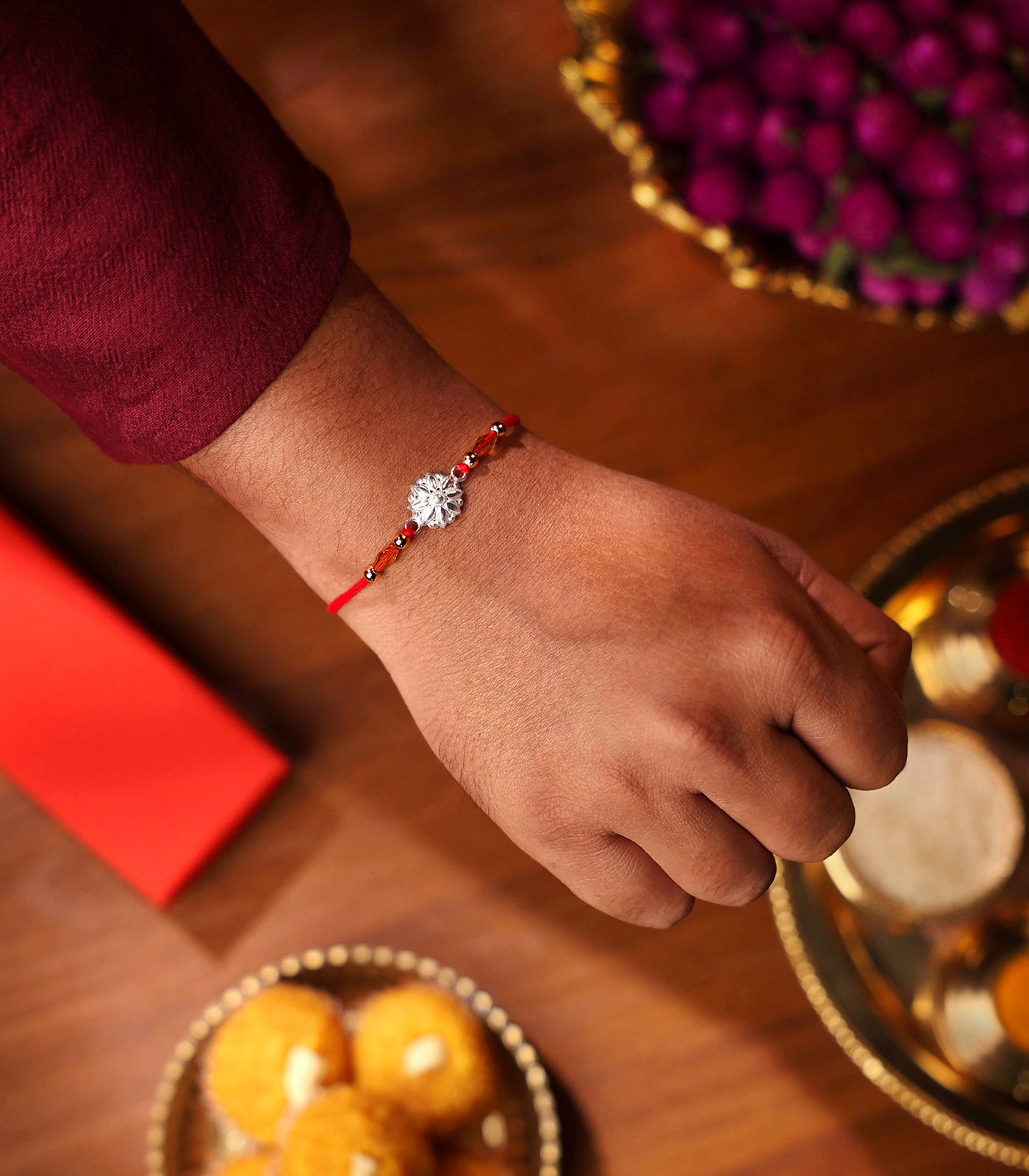 Classic Petal Charm Silver Rakhi
