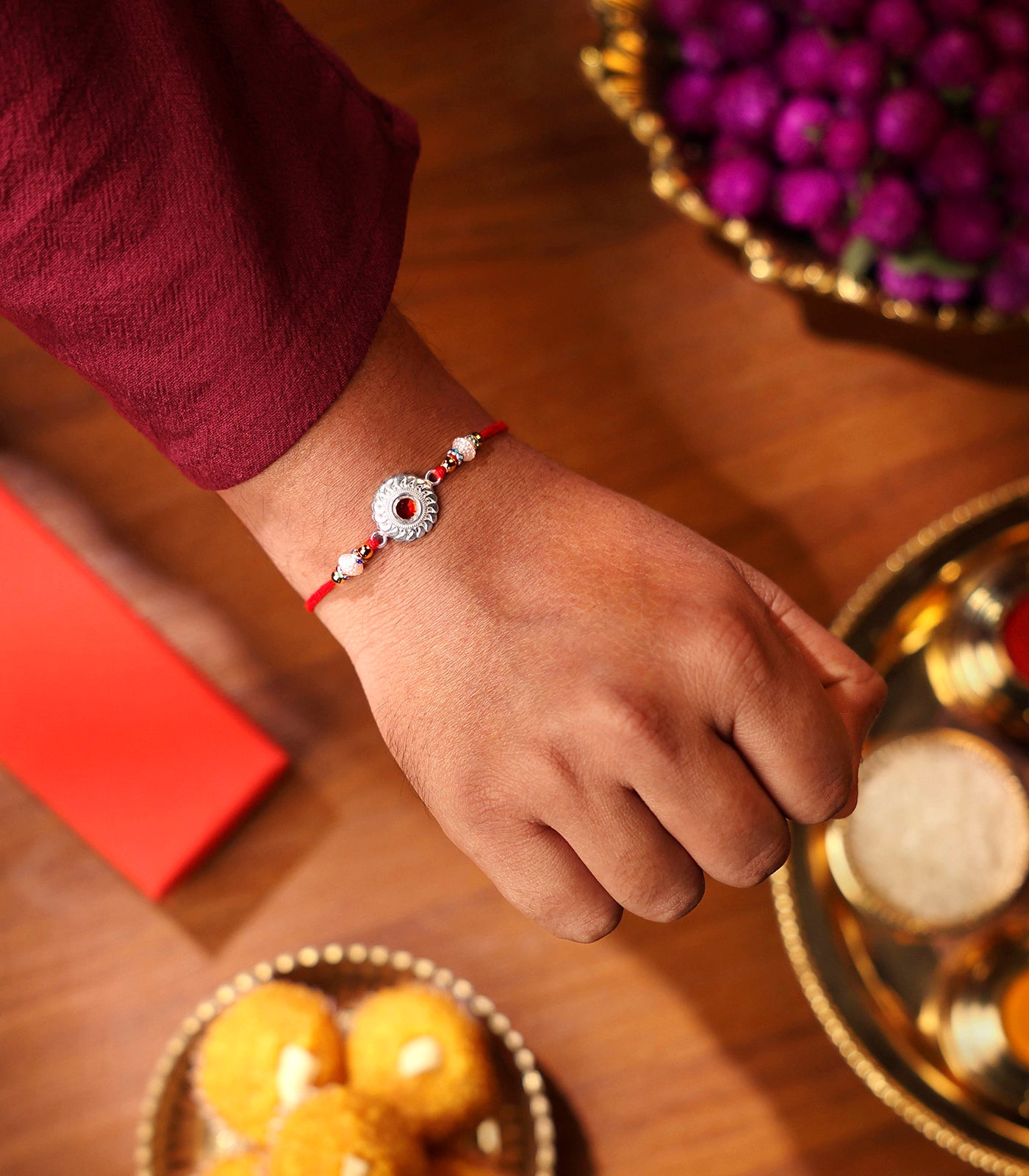 Silve Red Stone Chakra Rakhi