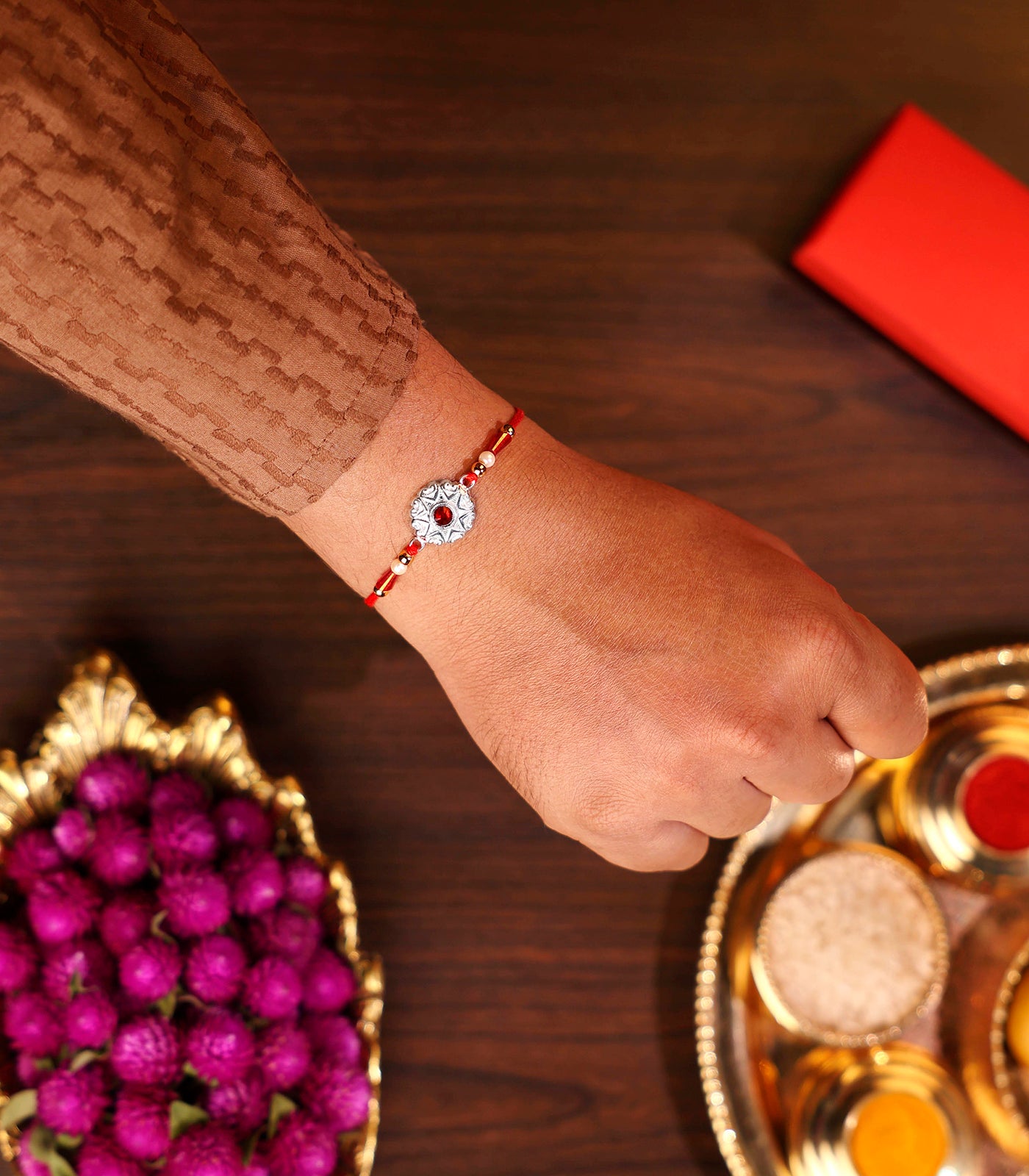 Silver Star Shaped Red Stone Rakhi