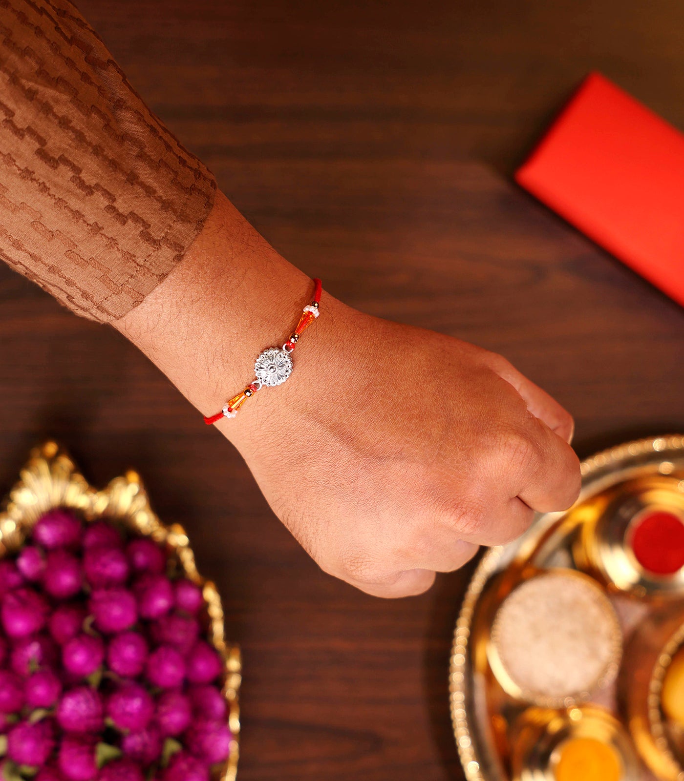 Silver Heart Shaped Petal Motif Rakhi