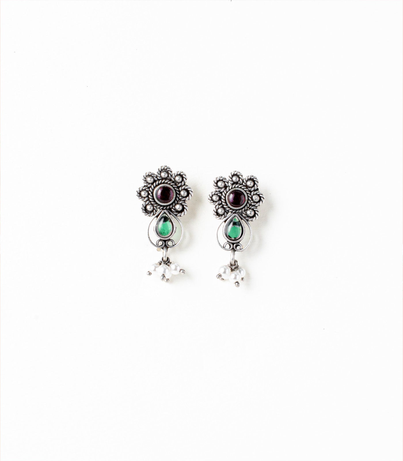 Multistone Dangling Pearl Oxidized Tops (Silver)