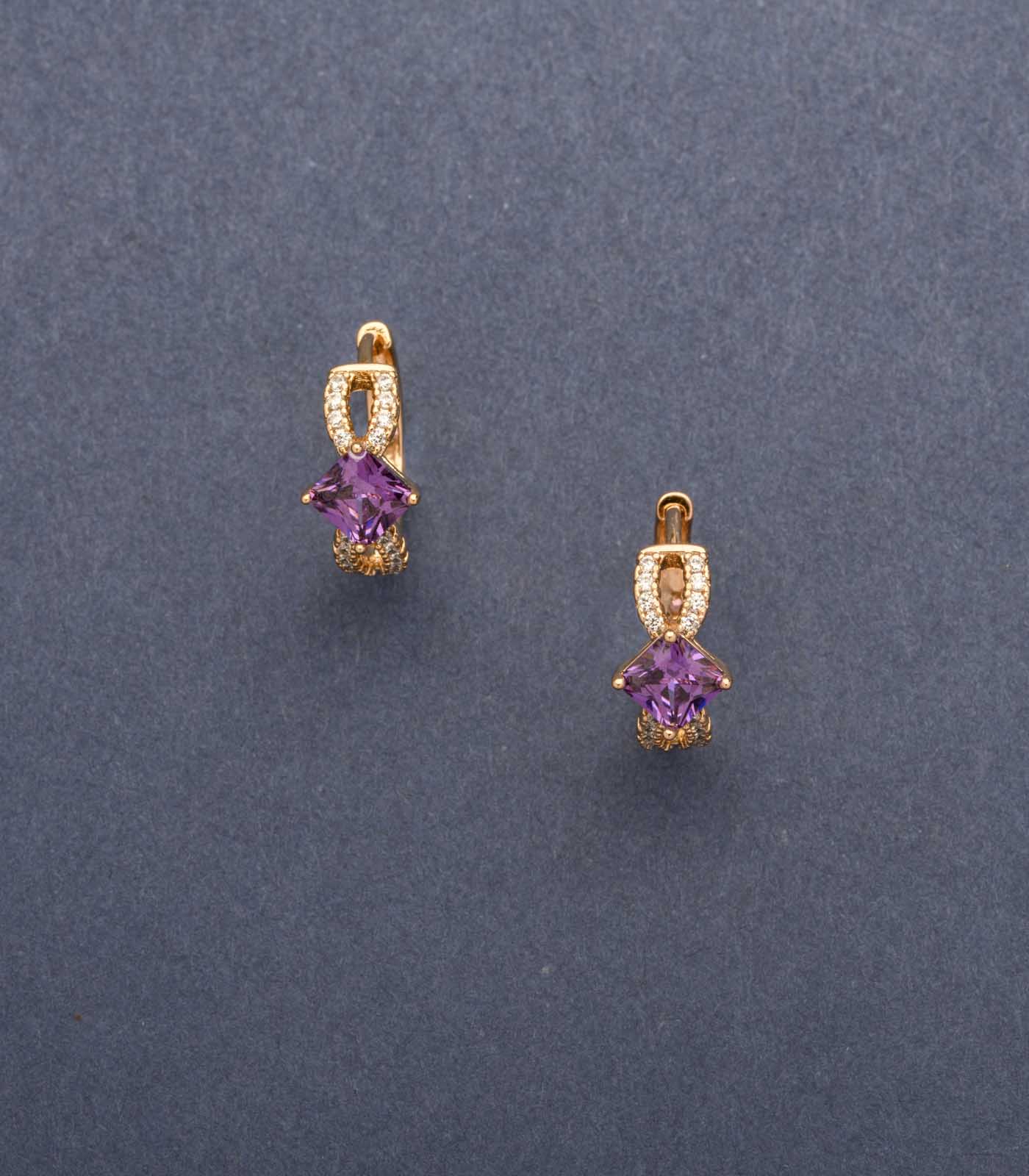 Glitzy Golden Flowers Of Purple Stones Earrings (Brass)