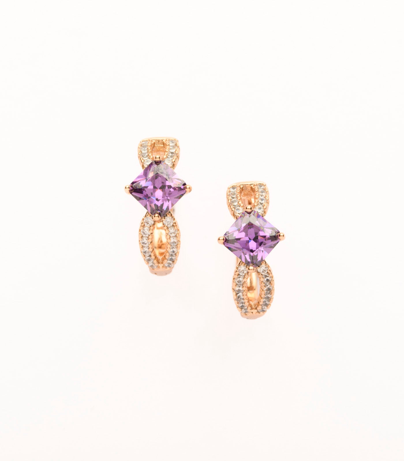 Glitzy Golden Flowers Of Purple Stones Earrings (Brass)