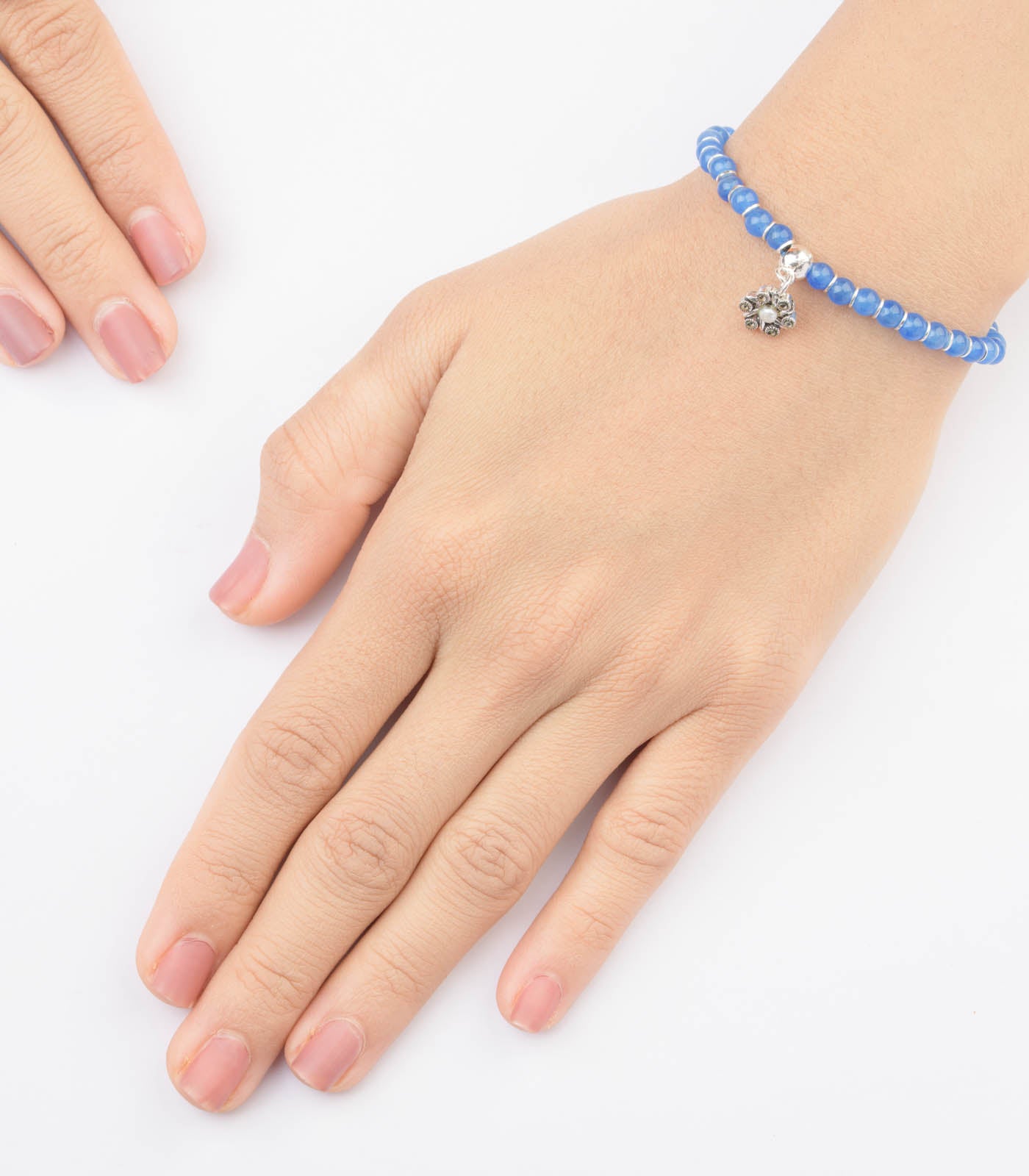 Floral Charm Blue Beads Bracelet (Silver)
